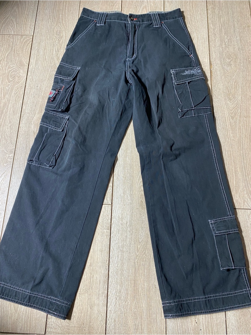 Vintage Y2K Plugg Jeans Co Skater 90s Baggy Wide Carpenter Cargo Jeans Black 28